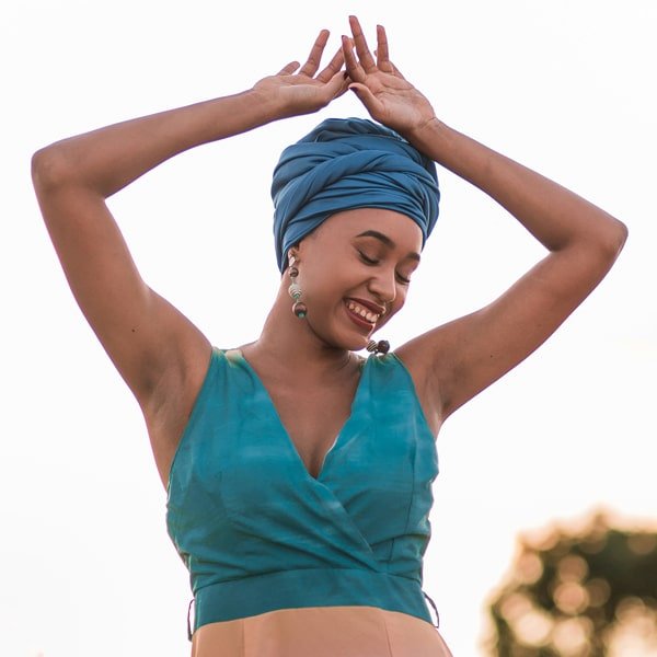a woman in a blue shirt